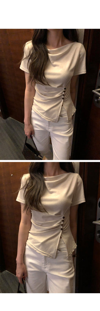 [[4]color] Off-shoulder shirred button T-shirt