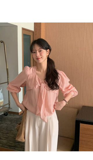(3 colors) Blouse with tie