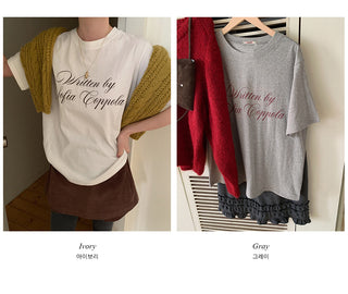 (2 colors) Brushed back short-sleeved T-shirt with lettering