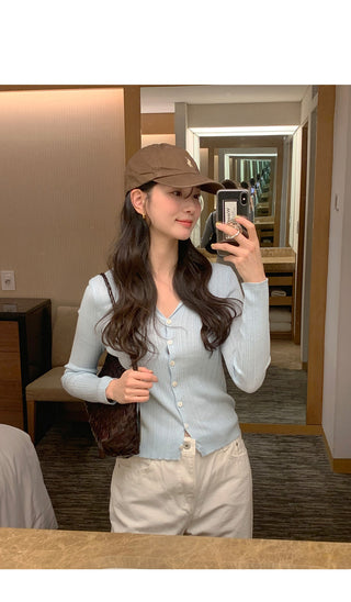 (4 colors) Ribbed V-neck cardigan