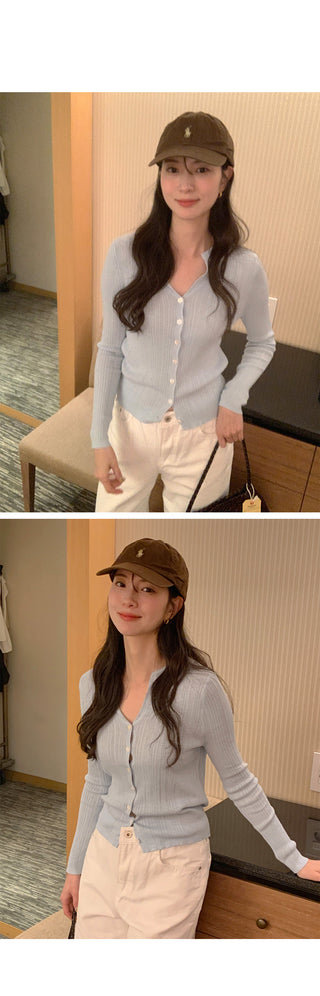 (4 colors) Ribbed V-neck cardigan