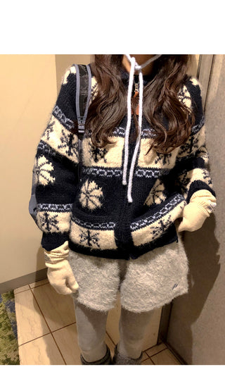 (3 colors) Nordic pattern wool knit zip-up