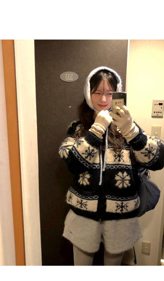 (3 colors) Nordic pattern wool knit zip-up