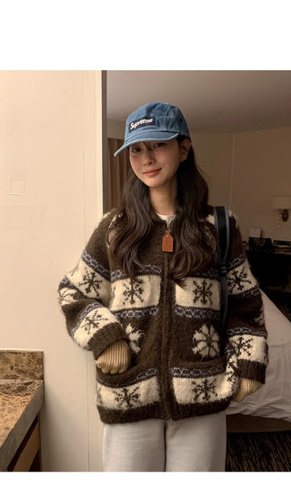 (3 colors) Nordic pattern wool knit zip-up