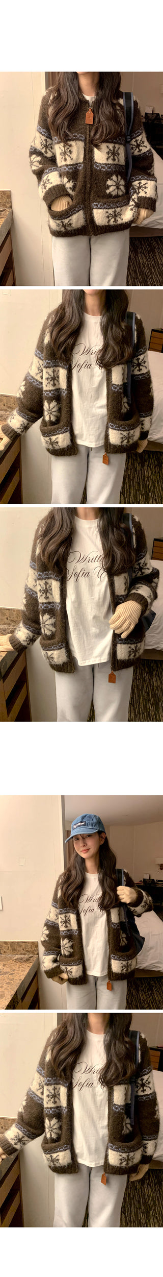 (3 colors) Nordic pattern wool knit zip-up