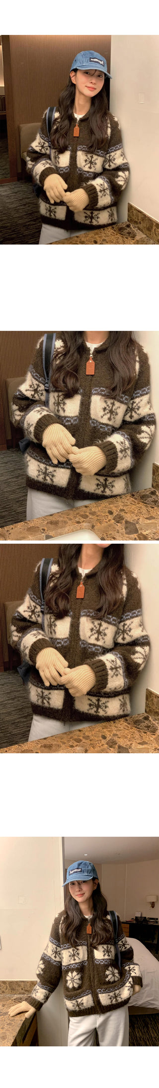 (3 colors) Nordic pattern wool knit zip-up
