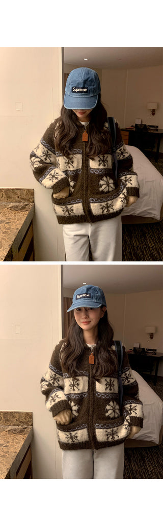 (3 colors) Nordic pattern wool knit zip-up
