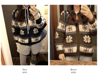 (3 colors) Nordic pattern wool knit zip-up
