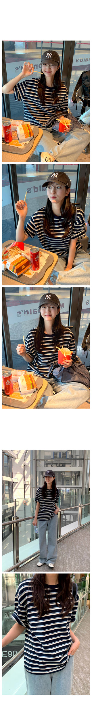 (2 colors) Striped Round Neck T-Shirt