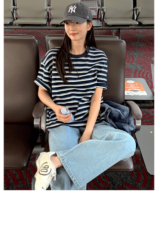 (2 colors) Striped Round Neck T-Shirt