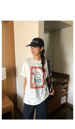 Dog print round short-sleeved T-shirt
