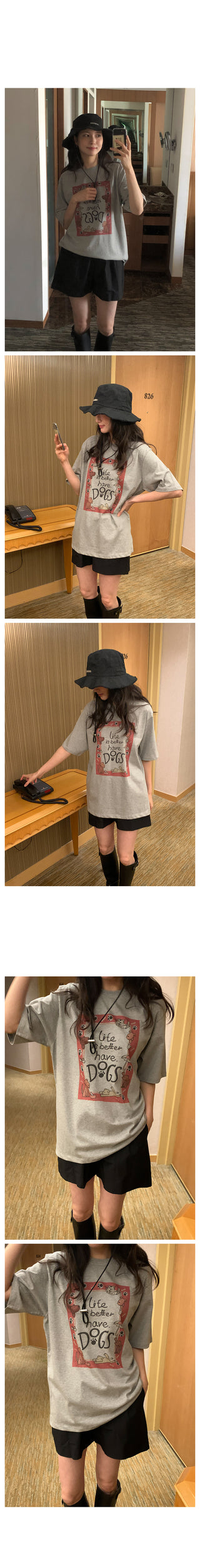 Dog print round short-sleeved T-shirt