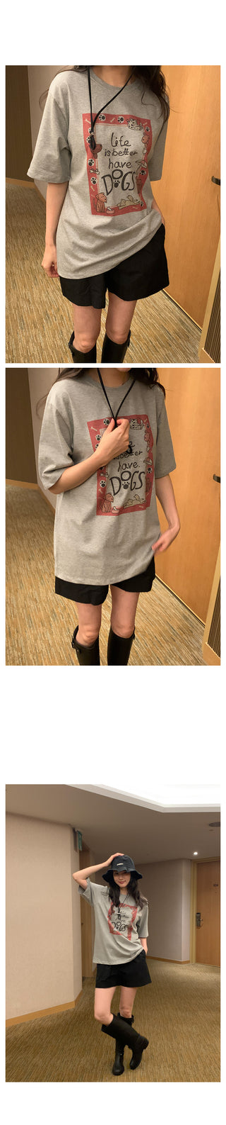 Dog print round short-sleeved T-shirt