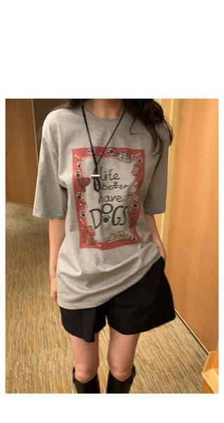 Dog print round short-sleeved T-shirt