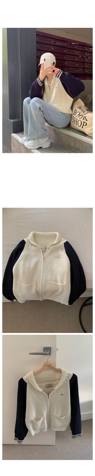 Two-tone knit zip-up cardigan