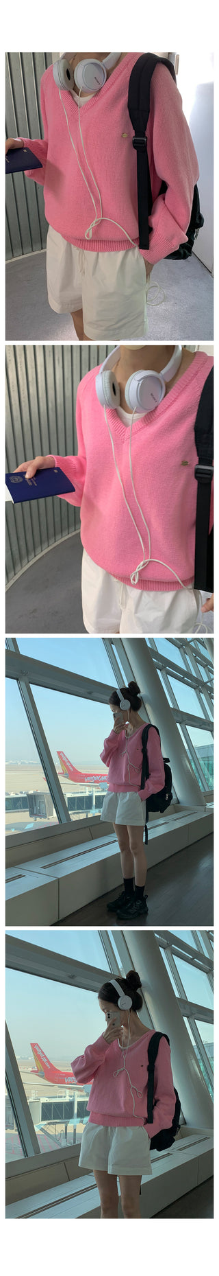 (6 colors) High-quality cotton V-neck knit