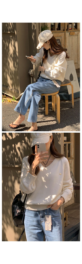 (6 colors) High-quality cotton V-neck knit