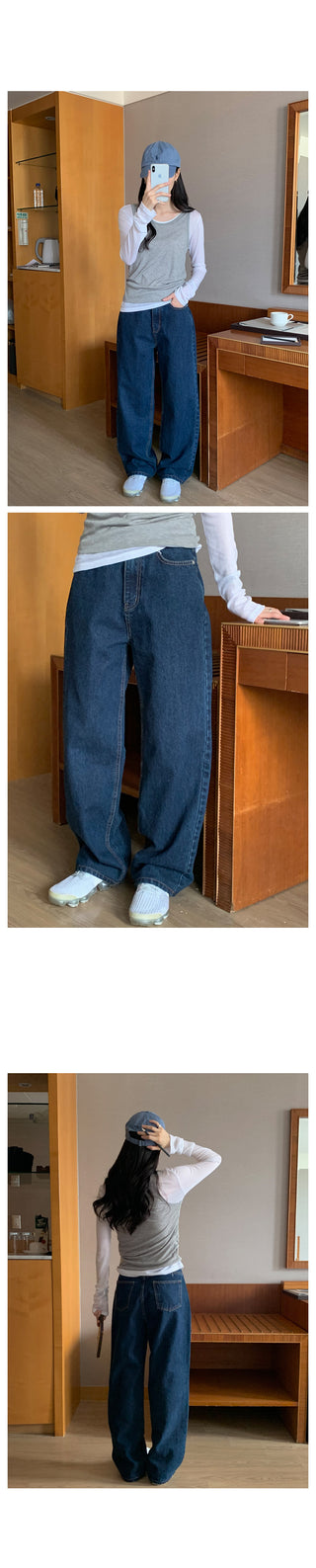 Semi-wide dark denim pants