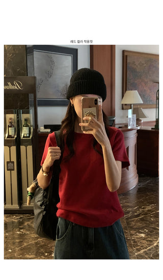 Fleece-lined round-neck short-sleeved T-shirt