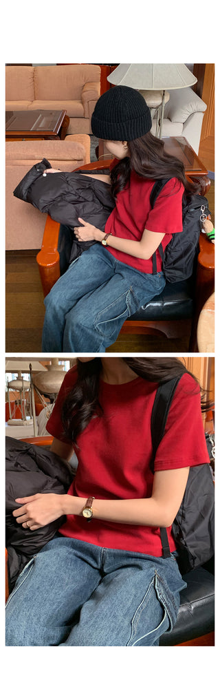 Fleece-lined round-neck short-sleeved T-shirt