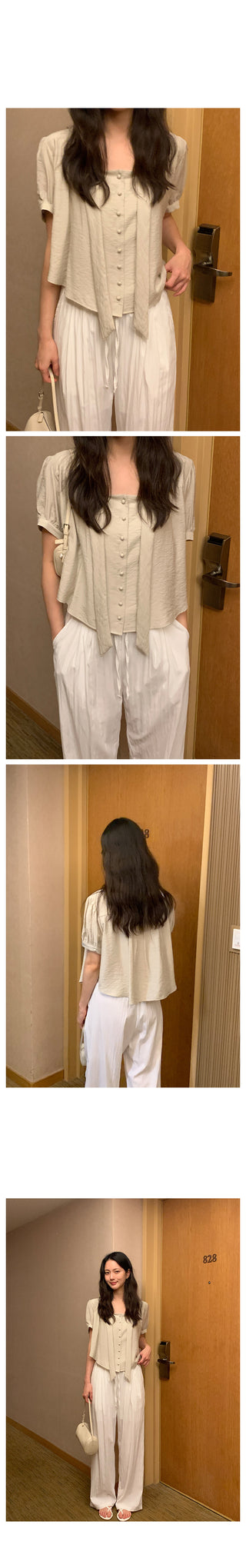 Short-sleeved tie blouse
