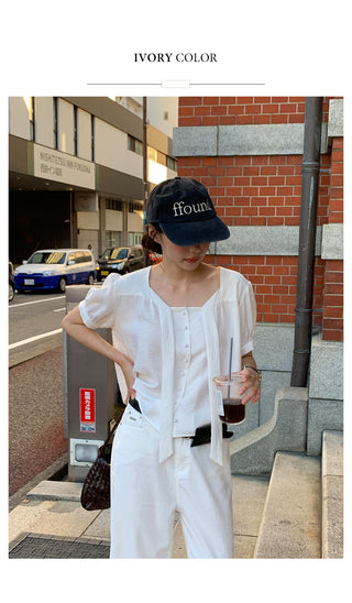 Short-sleeved tie blouse