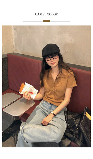 (3 colors) Collared Shirred Short-Sleeve Knit