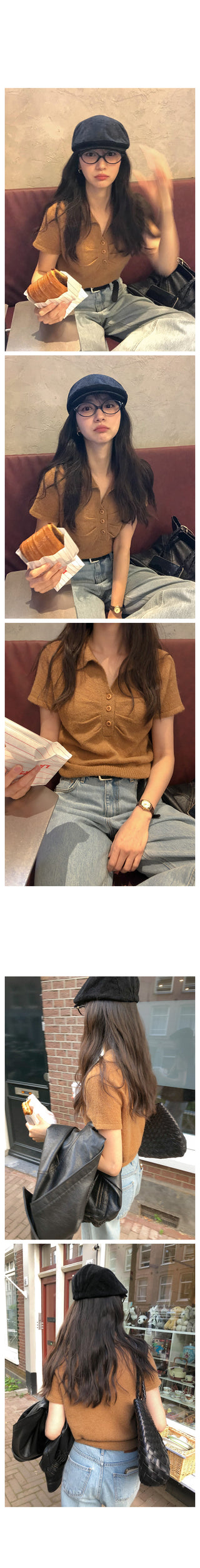 (3 colors) Collared Shirred Short-Sleeve Knit