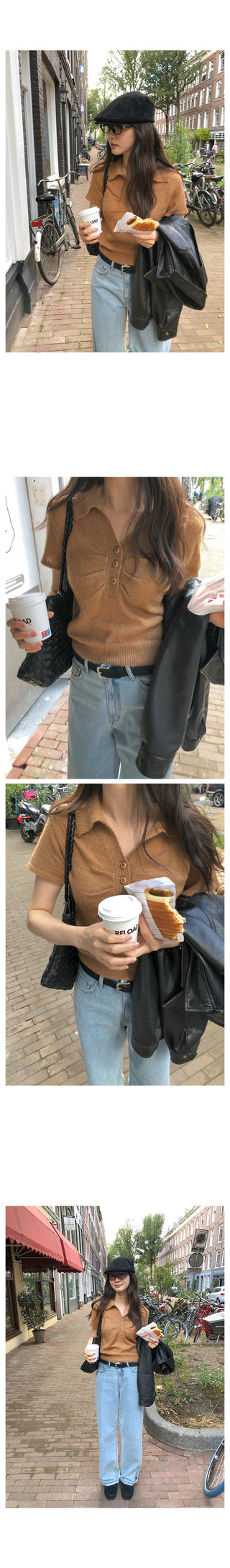 (3 colors) Collared Shirred Short-Sleeve Knit