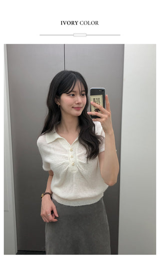(3 colors) Collared Shirred Short-Sleeve Knit