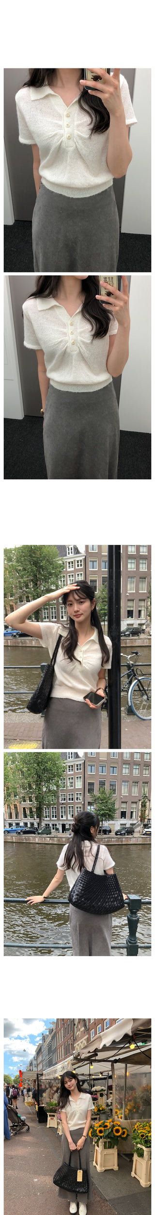 (3 colors) Collared Shirred Short-Sleeve Knit