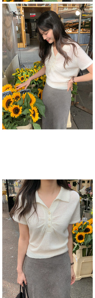 (3 colors) Collared Shirred Short-Sleeve Knit