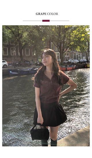 (3 colors) Collared Shirred Short-Sleeve Knit
