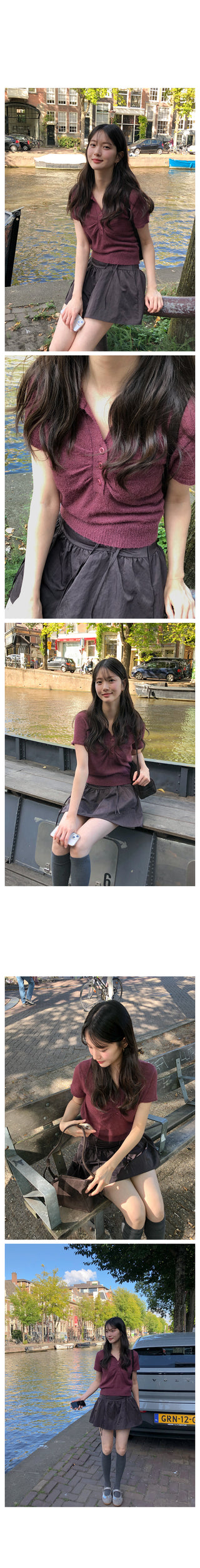 (3 colors) Collared Shirred Short-Sleeve Knit
