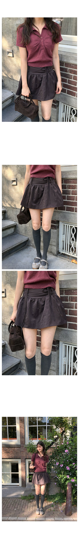 (3 colors) Collared Shirred Short-Sleeve Knit