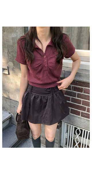 (3 colors) Collared Shirred Short-Sleeve Knit