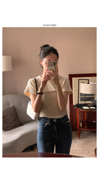 Round rib short-sleeved T-shirt