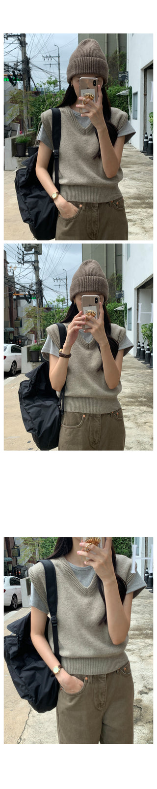 Round rib short-sleeved T-shirt
