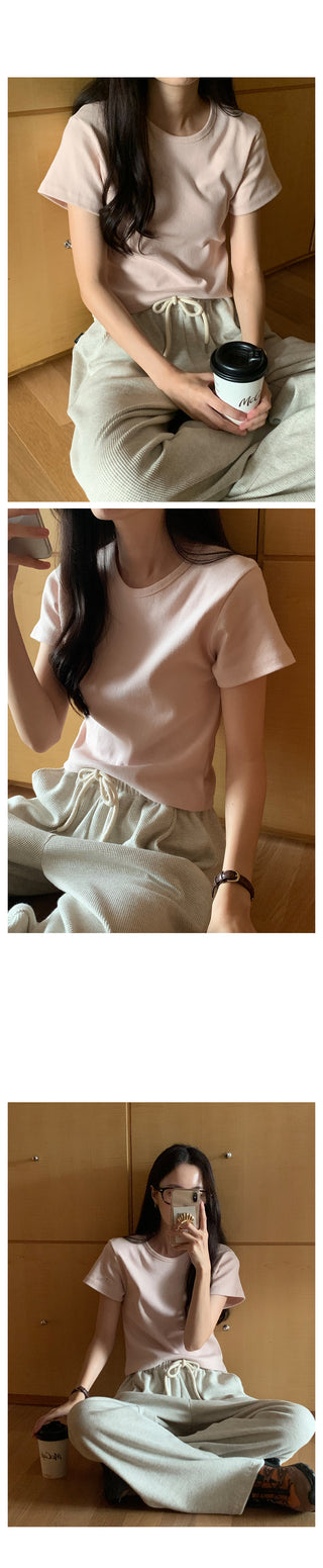 Round rib short-sleeved T-shirt
