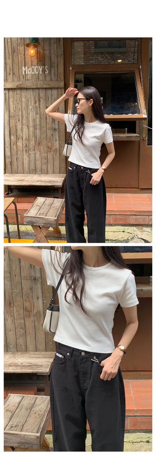 Round rib short-sleeved T-shirt