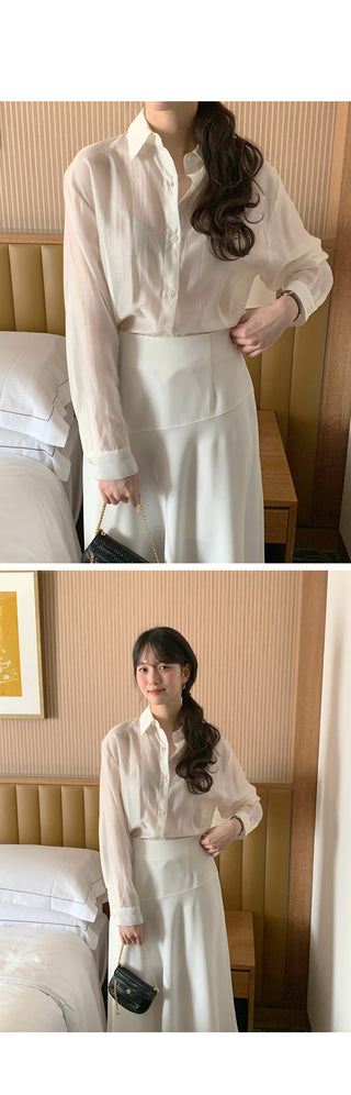 (4 colors) Sheer Tucked Shirt