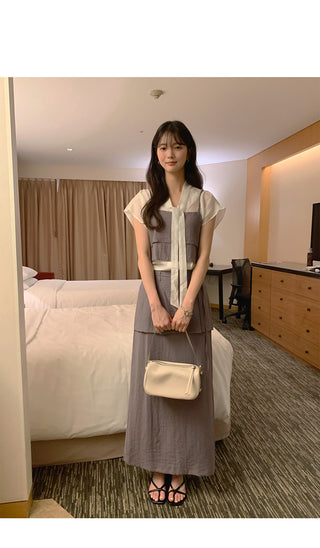 [2 colors] Pintuck Short-Sleeve Long Dress
