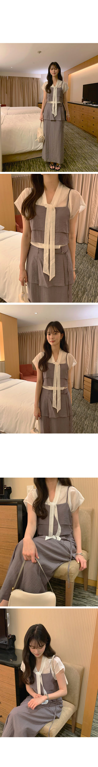 [2 colors] Pintuck Short-Sleeve Long Dress