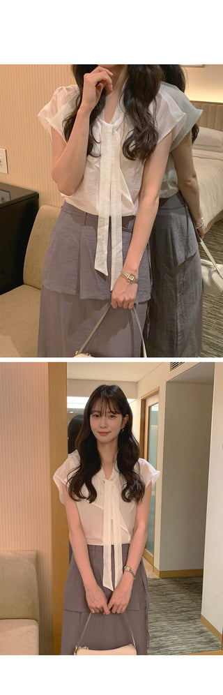 [2 colors] Pintuck Short-Sleeve Long Dress