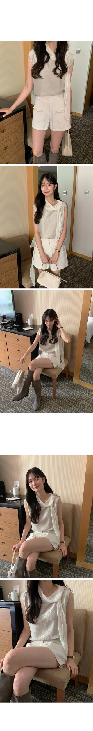 [2 colors] Tie-neck sleeveless blouse