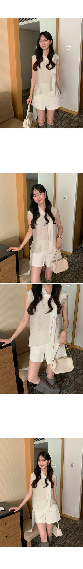 [2 colors] Tie-neck sleeveless blouse