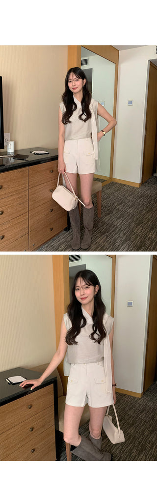 [2 colors] Tie-neck sleeveless blouse