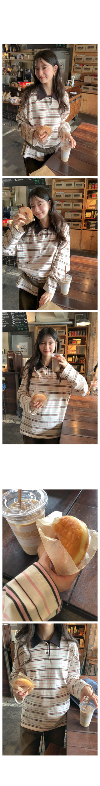(2 colors) Striped collared T-shirt