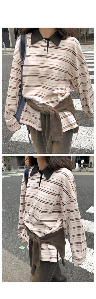 (2 colors) Striped collared T-shirt