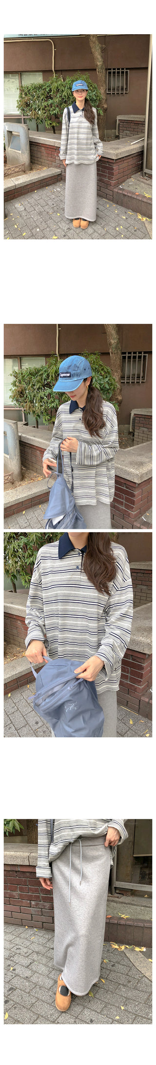 (2 colors) Striped collared T-shirt